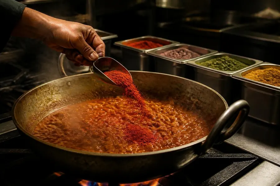 A chef adding tomato powder to a large pan of curry