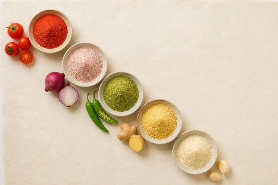 Bowls of five vegetable powders