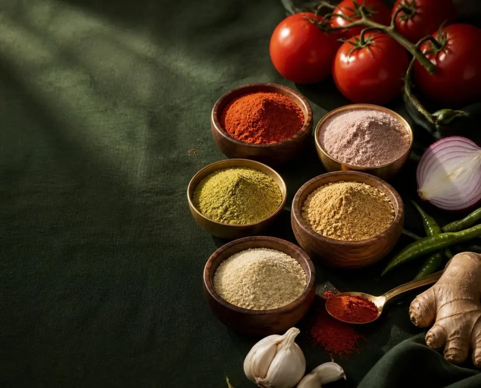Bowls of vegetable powders with fresh tomatoes, onion, chillies, ginger and garlic