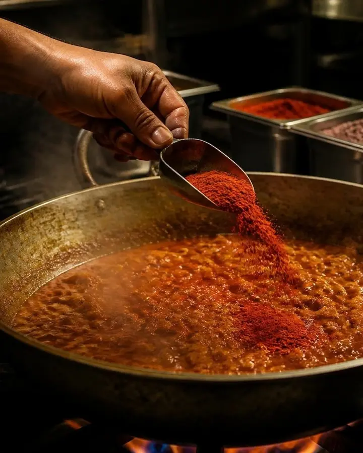 Tomato powder being added to curry
